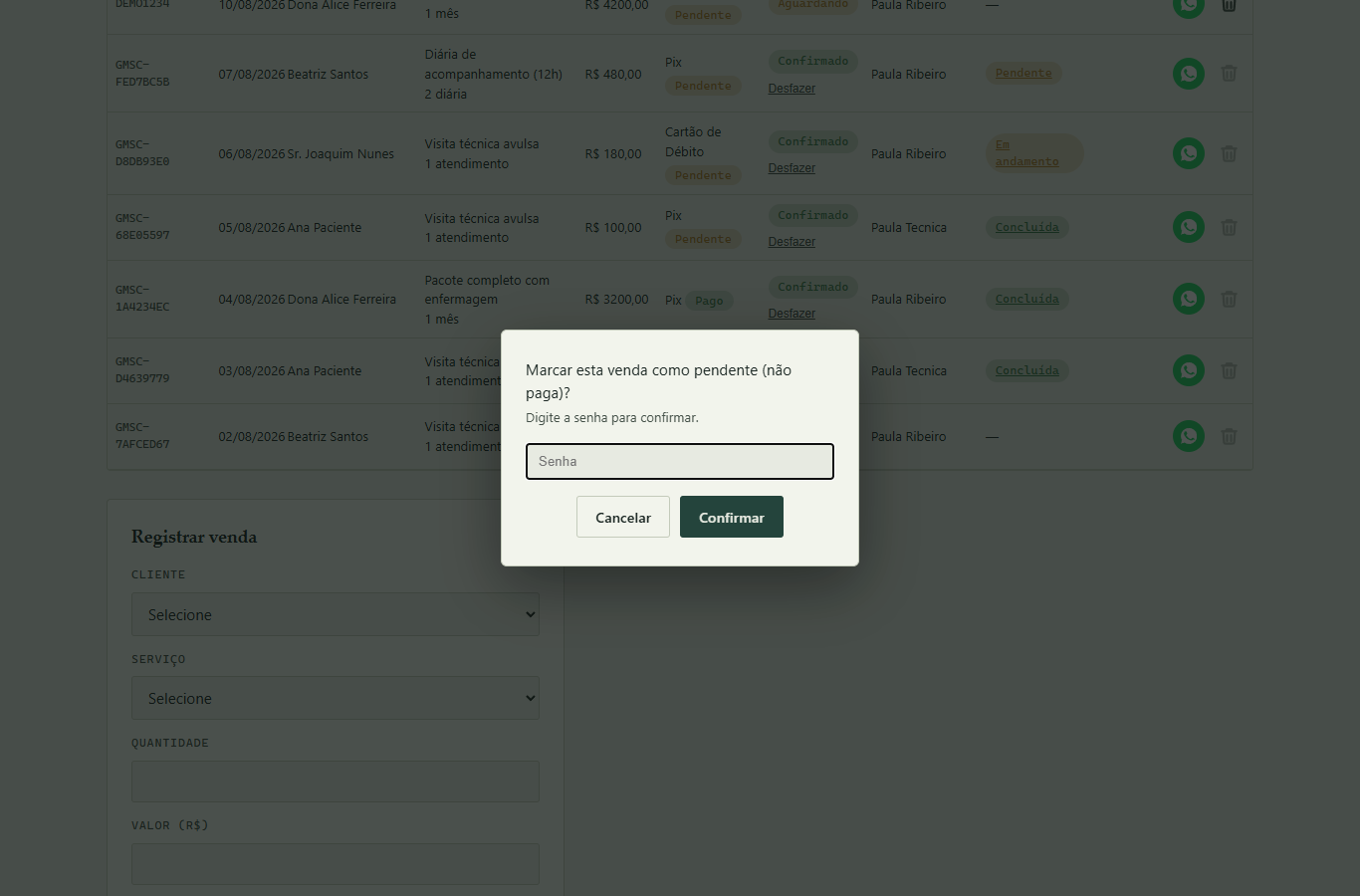 Modal de senha para marcar como pendente