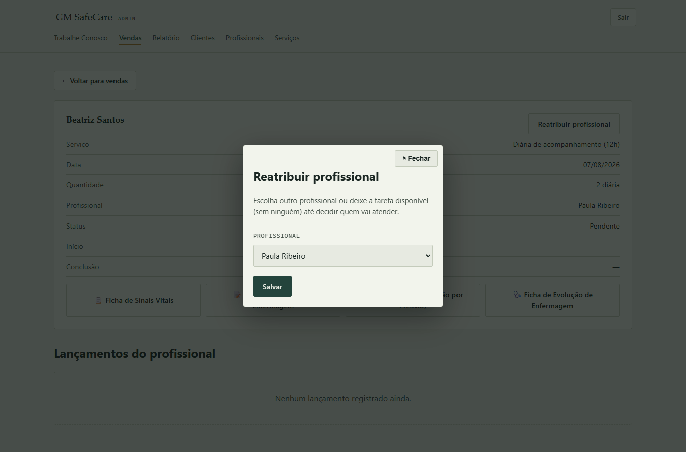 Modal de reatribuição de profissional